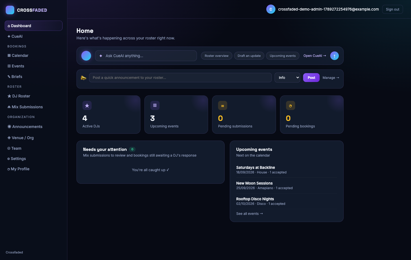 Crossfaded admin dashboard showing roster stats, upcoming events, and a needs-attention feed