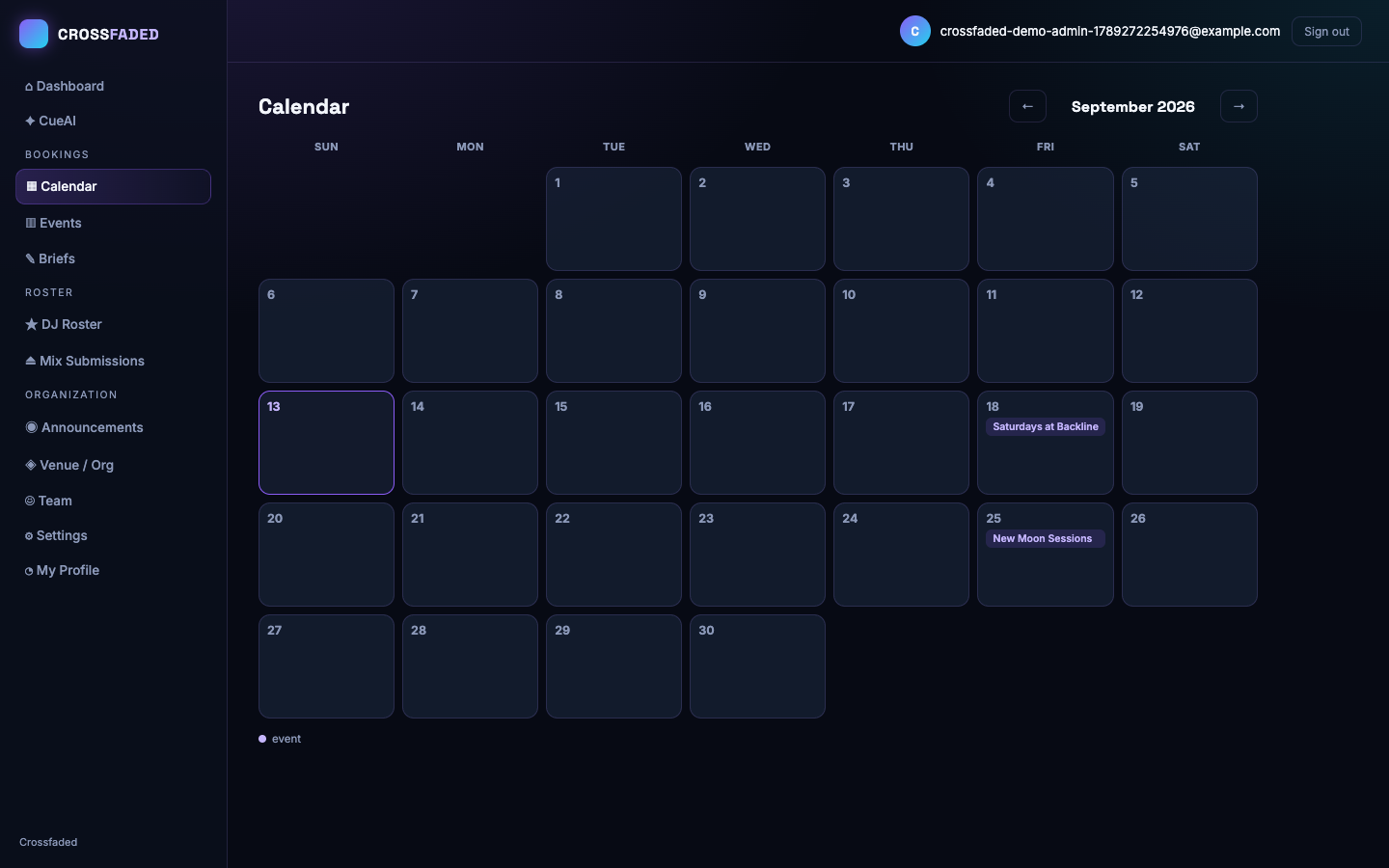 Full calendar view of upcoming booked events