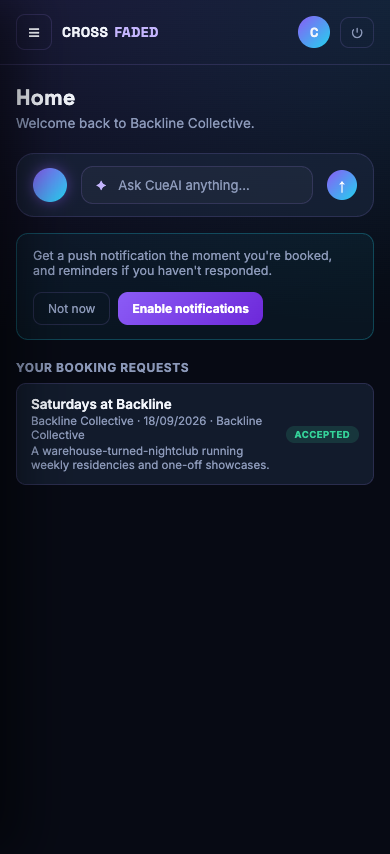 DJ's own mobile dashboard showing their accepted booking